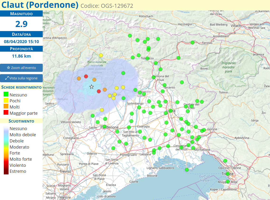 Mappa risentimento sismico 8 aprile 2020