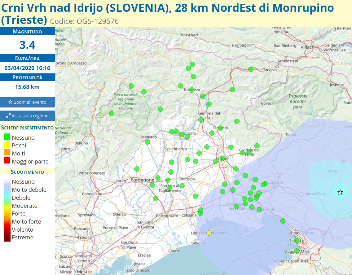 Mappa risentimento sismico 3 aprile 2020